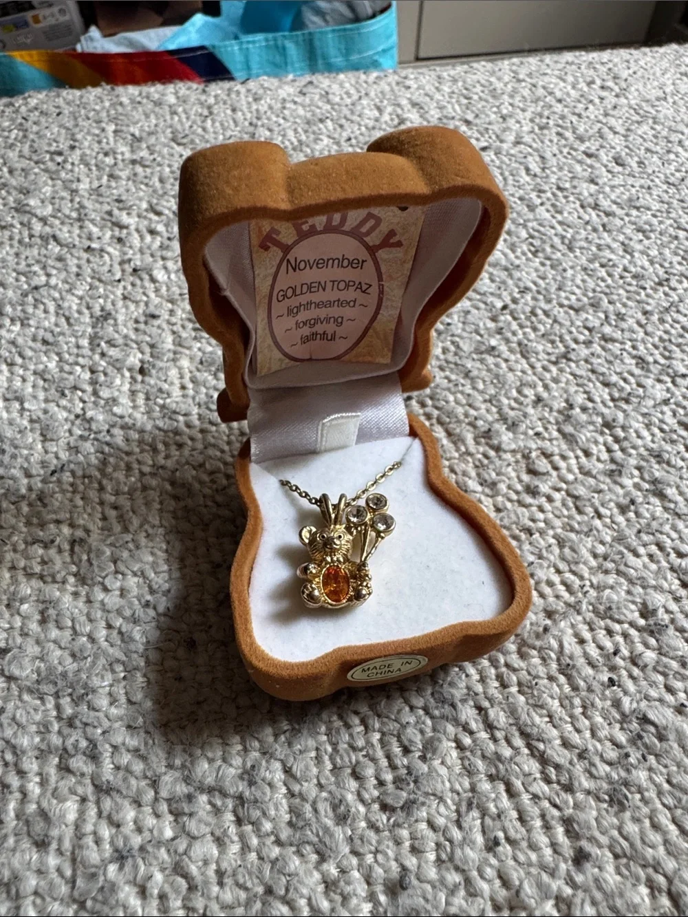 Vintage November Golden Topaz Teddy Bear Necklace in Bear Gift Box